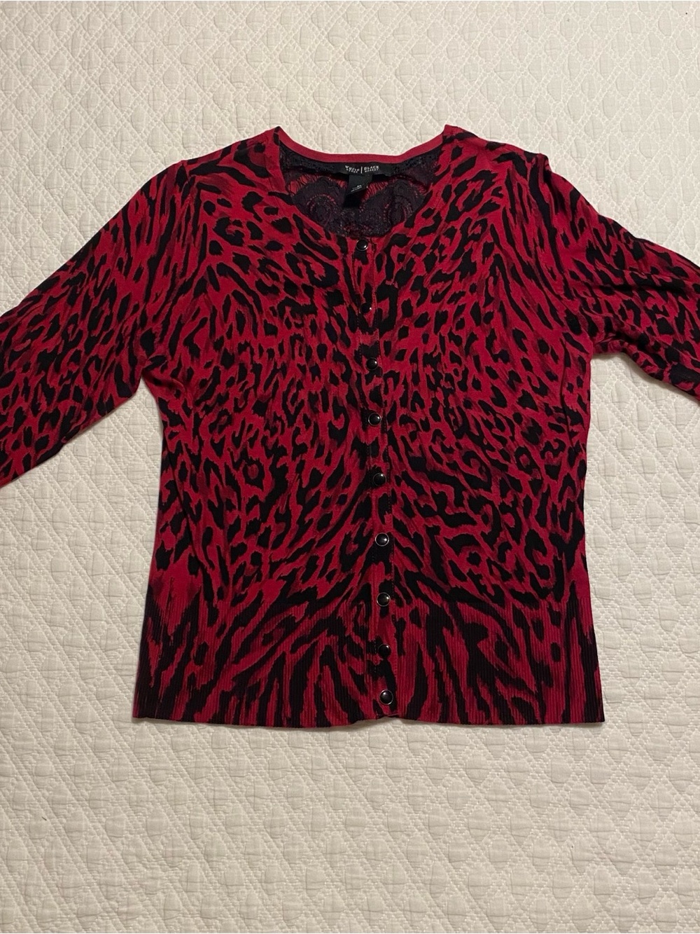White House Black Market Red and Black Animal Print Cardigan